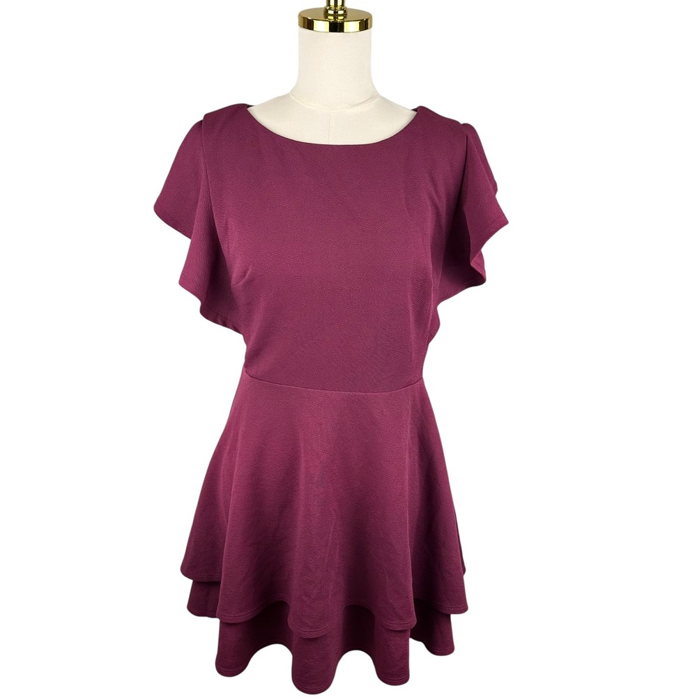 Midnight Doll XL Scuba Crepe Flutter Sleeve Double Hem Fit Flare Dress Burgundy